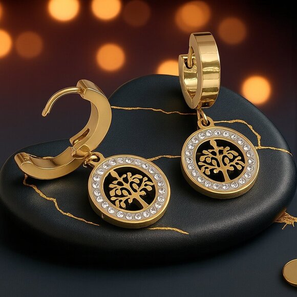 🆕 Tree Of Life 18K Gold Plated Stainless Steel Huggie Dainty Earrings Zirconia - Picture 4 of 12
